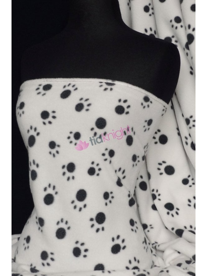 Polar Fleece Clearance Anti Pill Washable Soft Fabric- White/Black Paws